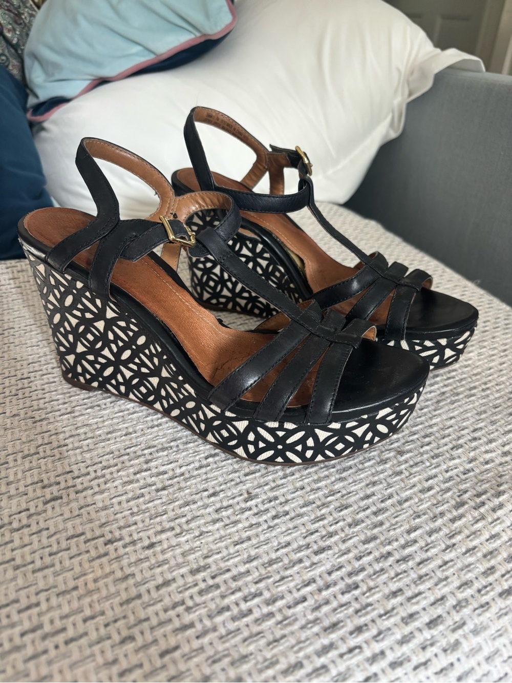 Clarks Black T-Strap Wedge Black-and-White Patterned Platform Heel